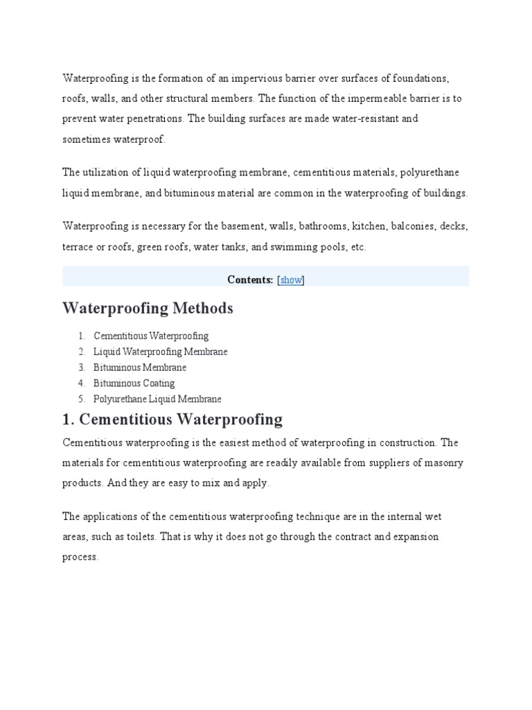 Waterproofing Is The Formation of An Impervious Barrier Over Surfaces ...