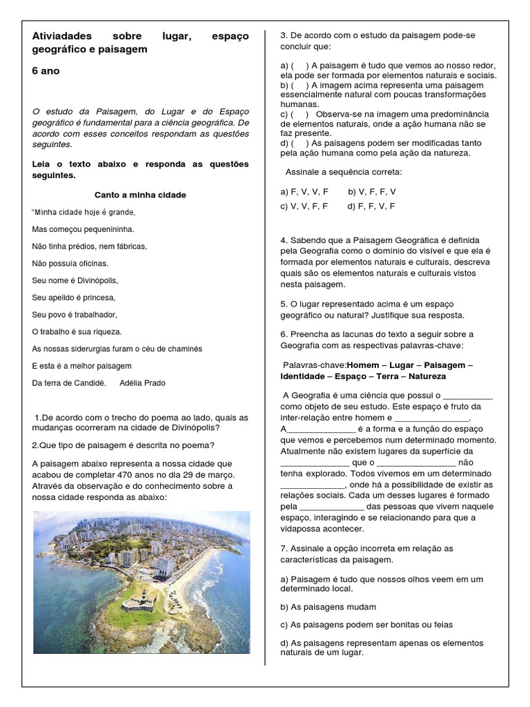 Atividade Sobre Lugar, Paisagem e Espaco Geografico | PDF | Paisagem ...