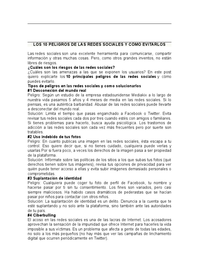 Los 10 Peligros de Las Redes Sociales y Cómo Evitarlos | PDF | Servicio ...