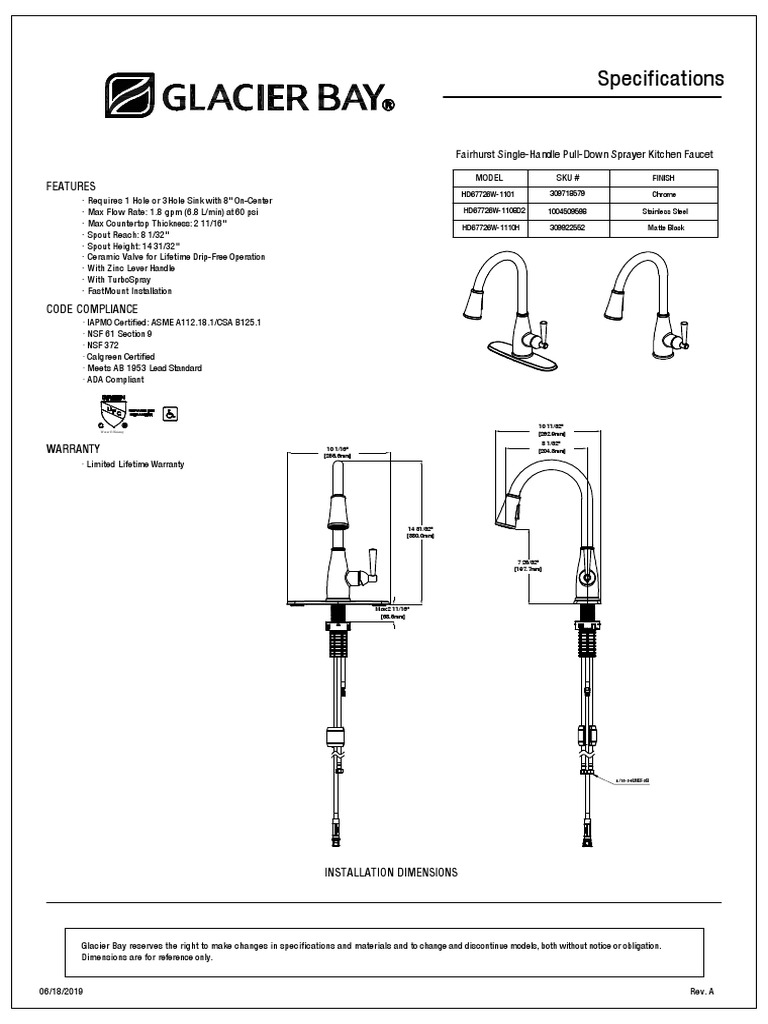 Glacier Bay Faucet Specifications HD67726W PDF Sink Equipment
