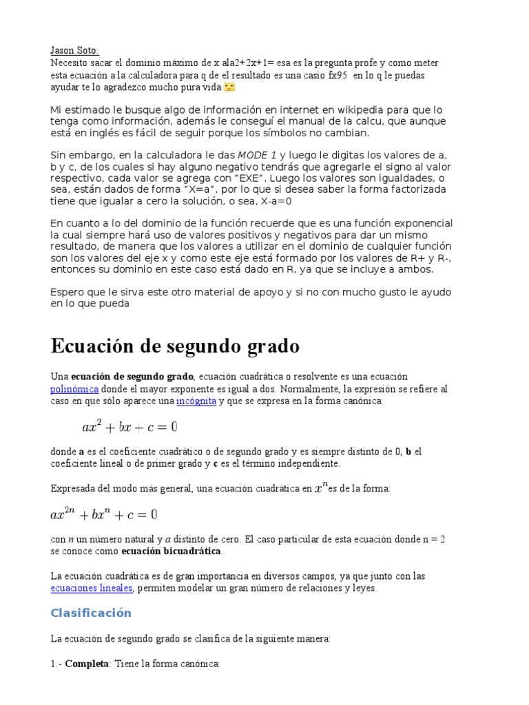 Ecuacion De Segundo Grado Cuadratica