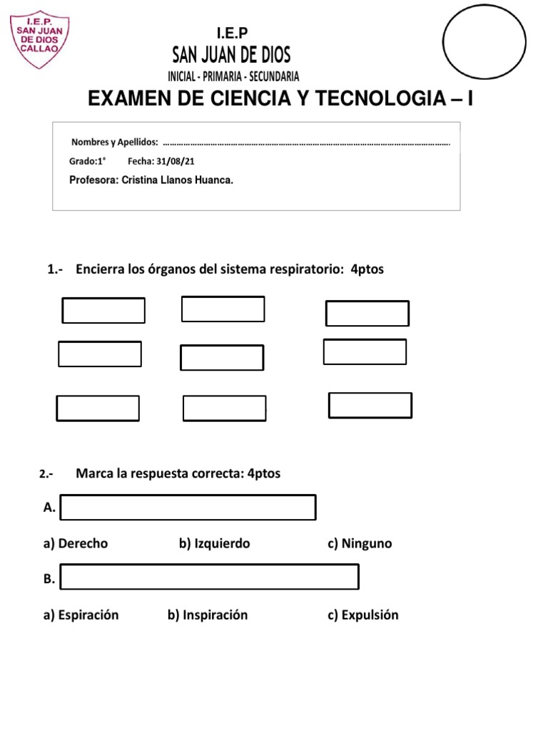 Examen de Ciencia y Tecnologia 1° Grado de Primaria 30aaaaa | PDF