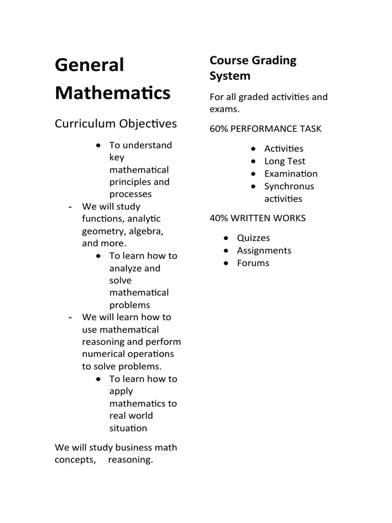 General Mathematics Curriculum Objectives PDF Mathematics Science