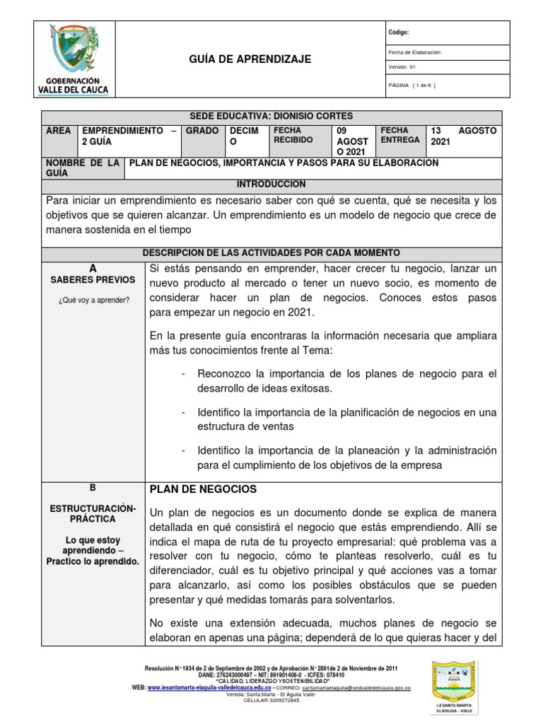 Guía para Elaborar un Plan de Negocios | PDF | Iniciativa empresarial ...