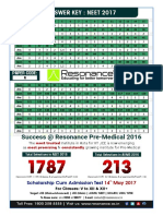 Answer KEY: Neet 2017: Success at Resonance Pre-Medical 2016