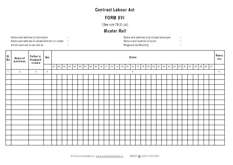 Muster Roll Contract Labour Act Form Xvi PDF