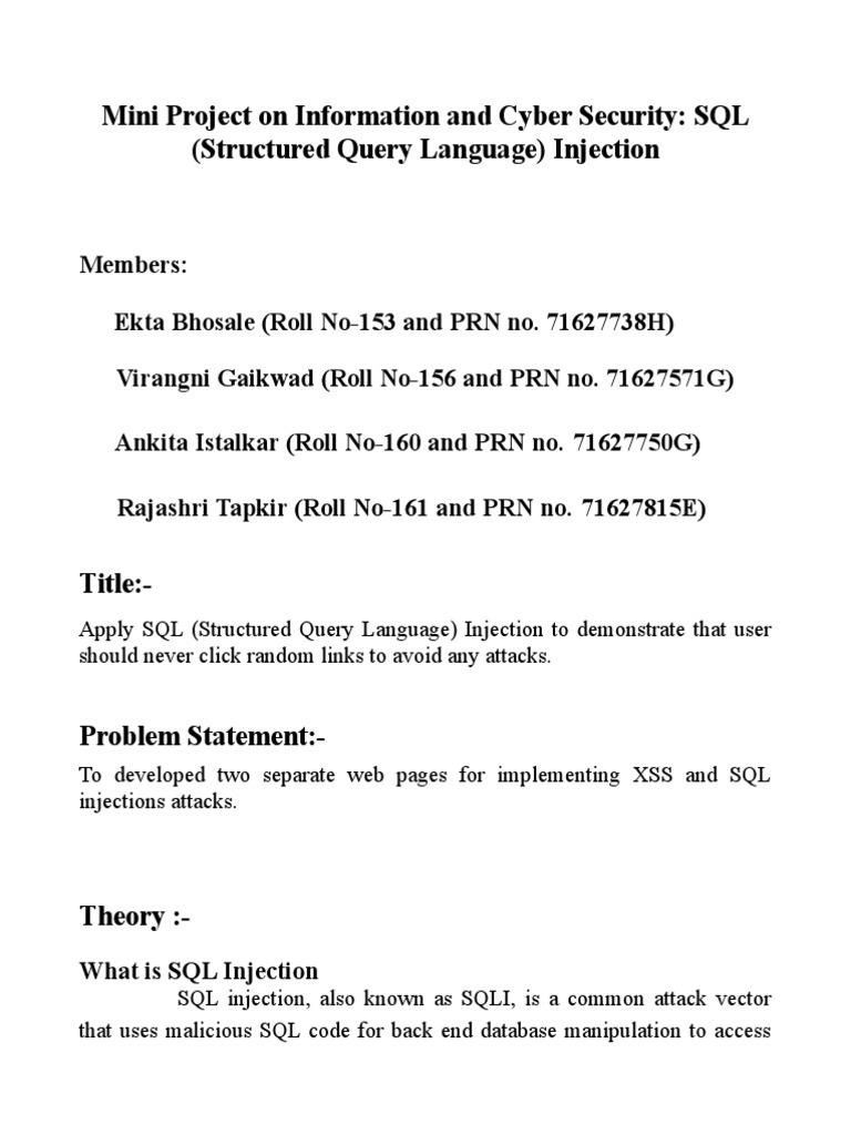 Mini Project On Information and Cyber Security: SQL (Structured Query ...