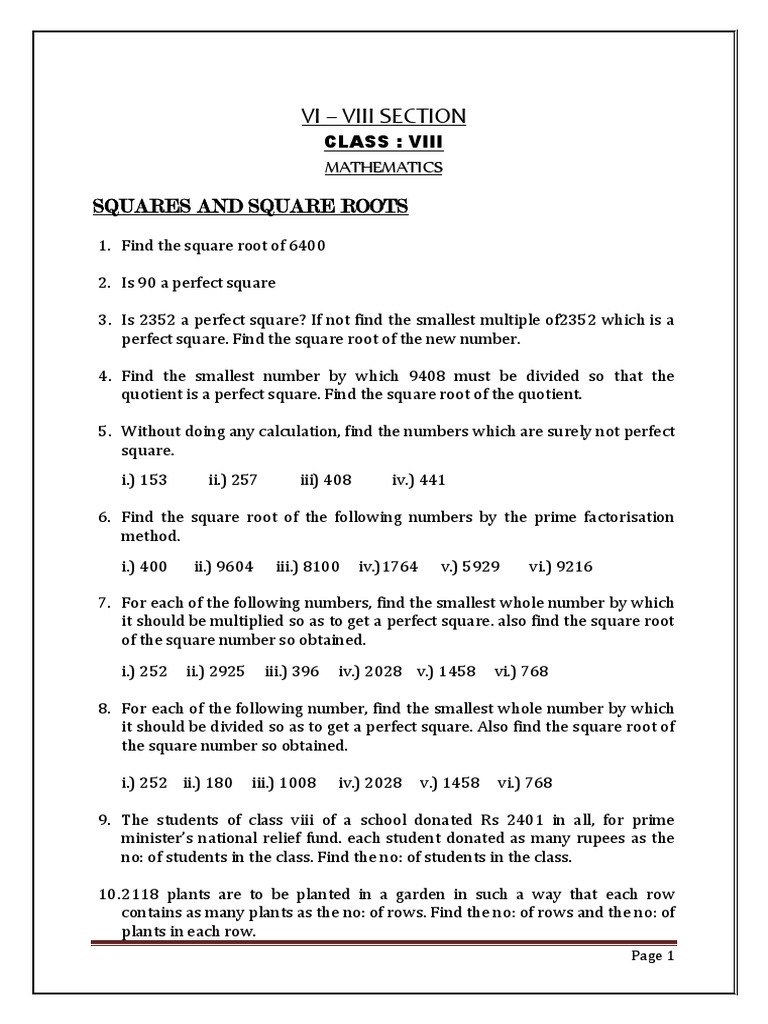 CBSE Class 8 Mathematics Worksheet - Square and Square Roots | PDF |  Numbers | Square Root