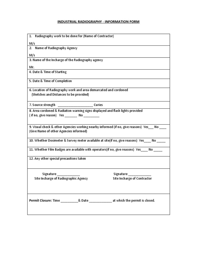 Industrial Radiography Work Permit Form | PDF