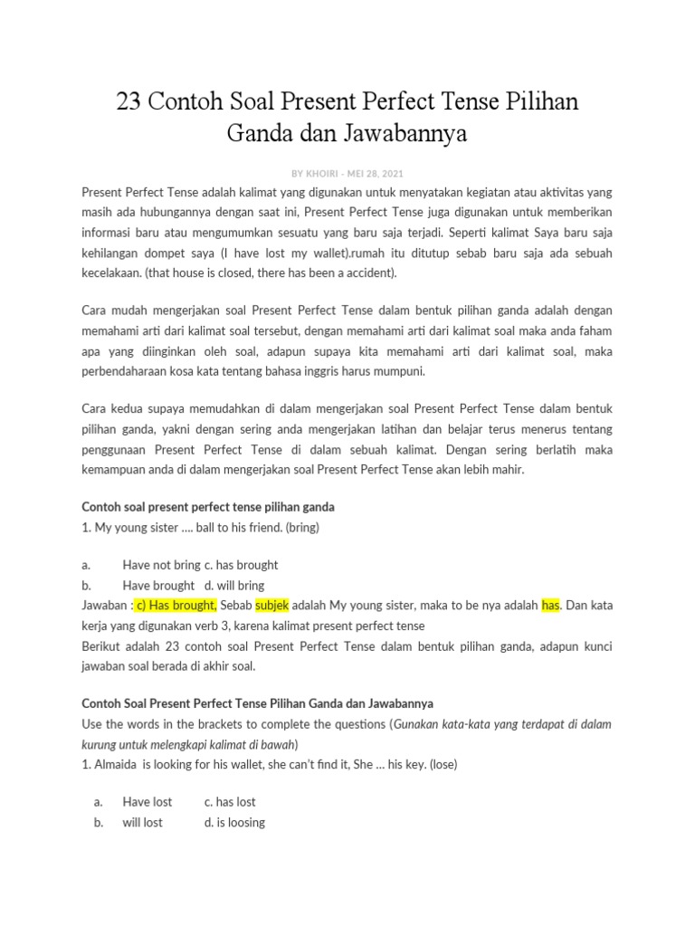 23 contoh soal present perfect tense pdf