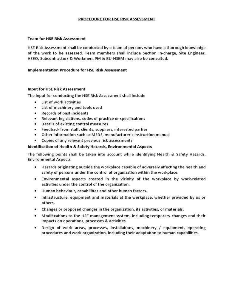Procedure For Hse Risk Assessment 2 | PDF