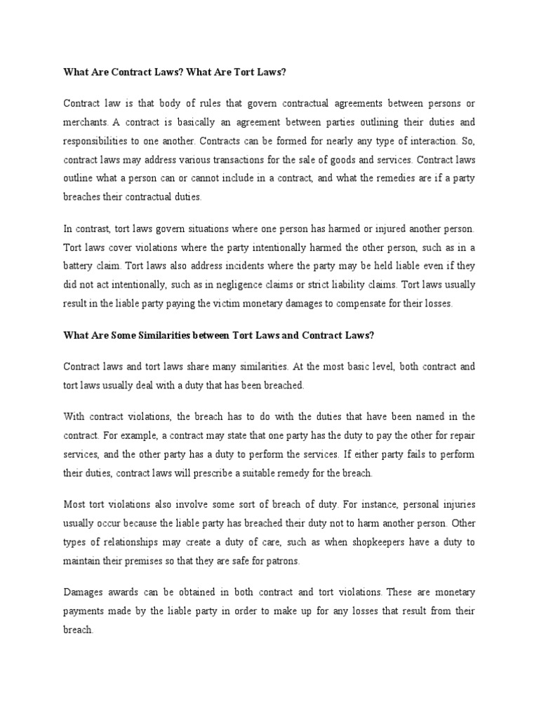 Diffrence And Similarities Between Tort Law And Contract Law Pdf