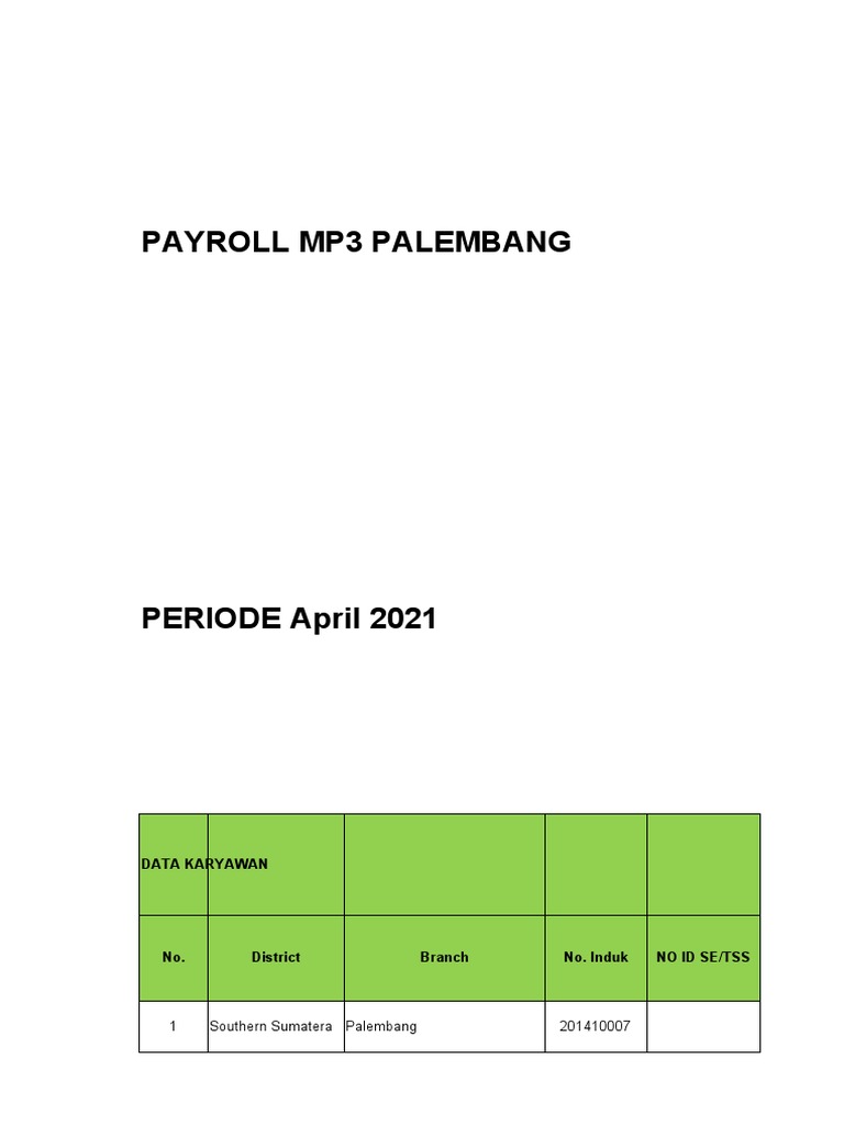 Payroll Data April 2021 Palembang | PDF