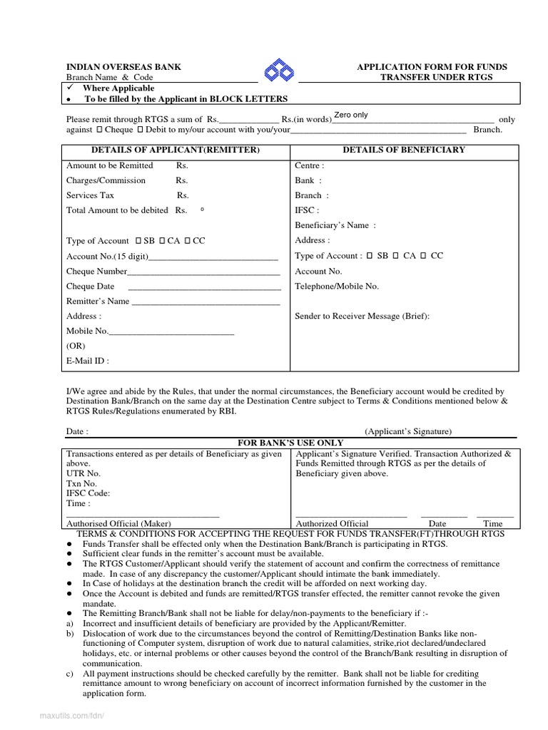 IOB RTGS Funds Transfer Application Form | PDF | Banks | Cheque