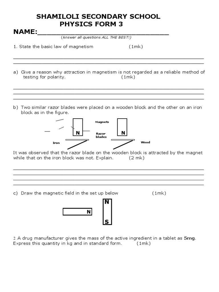Shamiloli Secondary School Physics Form 3 NAME | PDF | Mirror | Waves