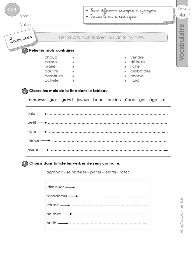 Les Synonymes Et Les Antonymes Exercices Pdf Cm1 Ce1 Exercices Mots Contraires | PDF