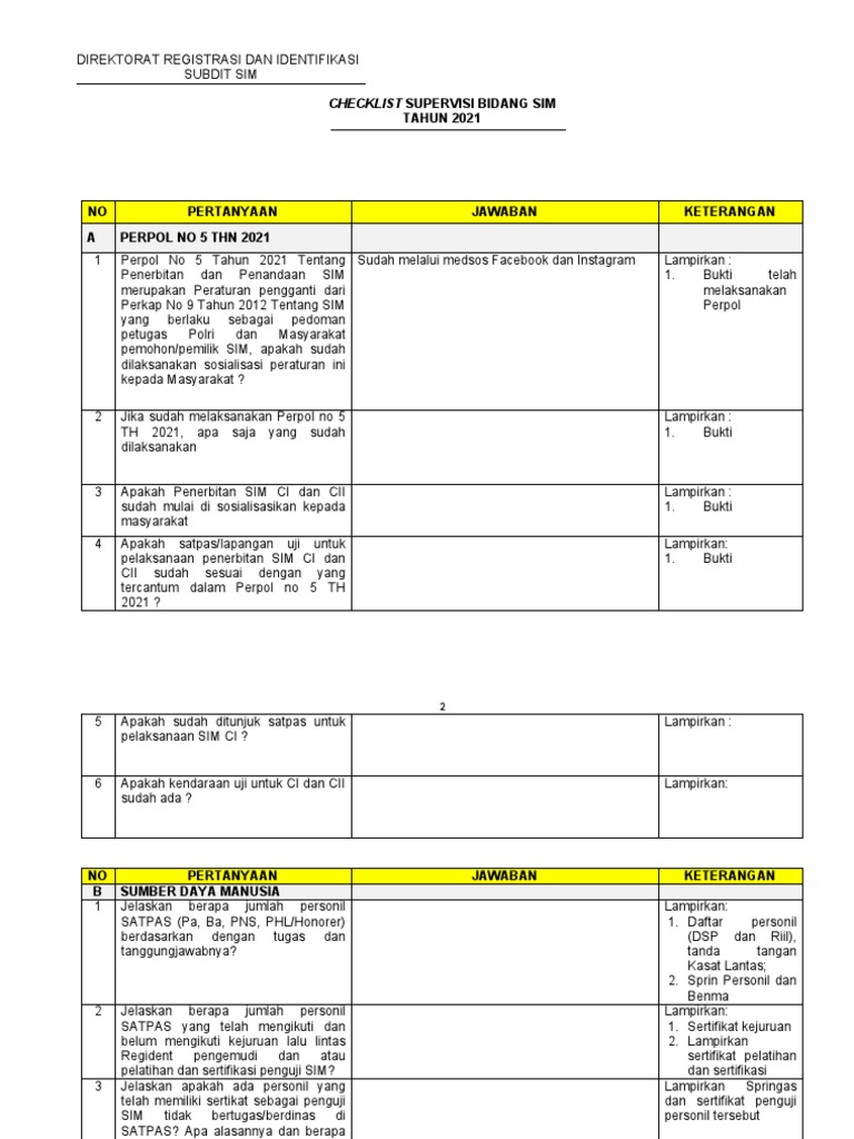 Checklist Supervisi Penerbitan SIM 2021 | PDF | Bisnis