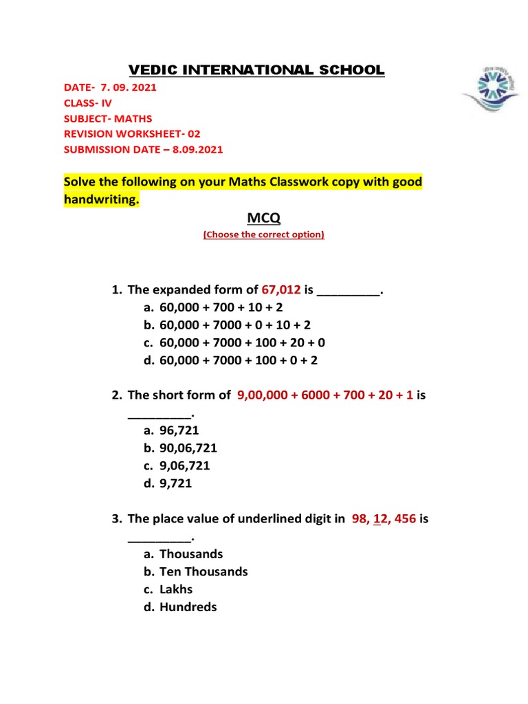 Class IV Maths Revision Worksheet | PDF