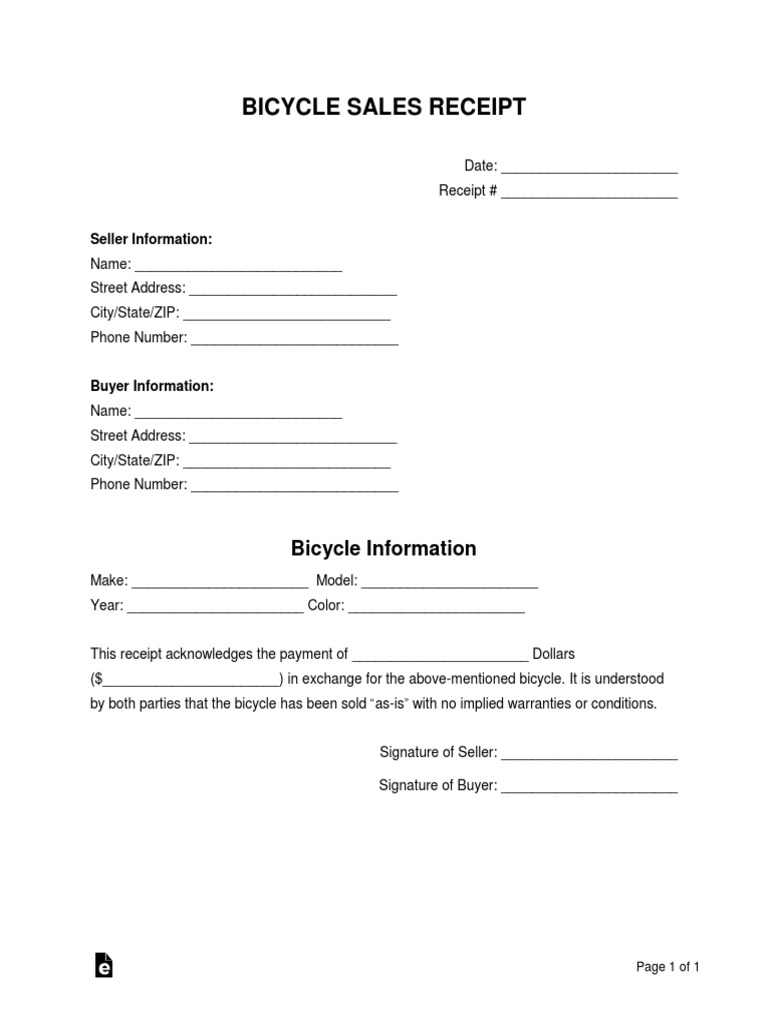 Bicycle Sales Receipt Template | PDF