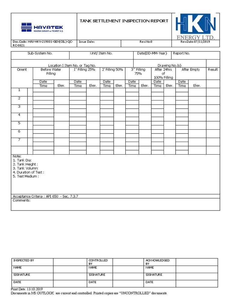 Tank Settlement Inspection Report | PDF