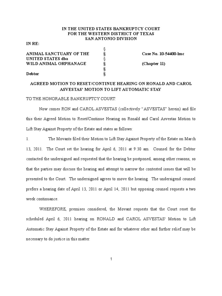 Bankruptcy Court Notice Agreed Motion To Reset Hearing On Asvestas