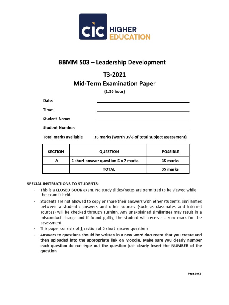 BBMM 503 Mid-Term Exam Overview | PDF | Leadership | Test (Assessment)