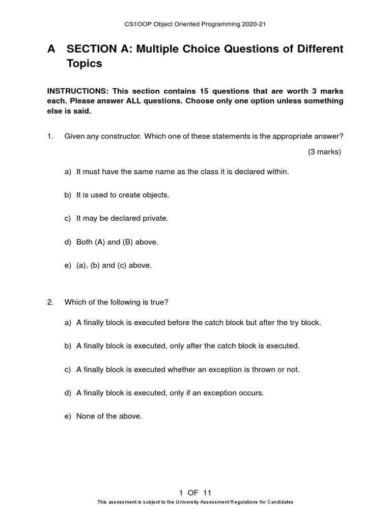 A SECTION A: Multiple Choice Questions of Different Topics | PDF ...