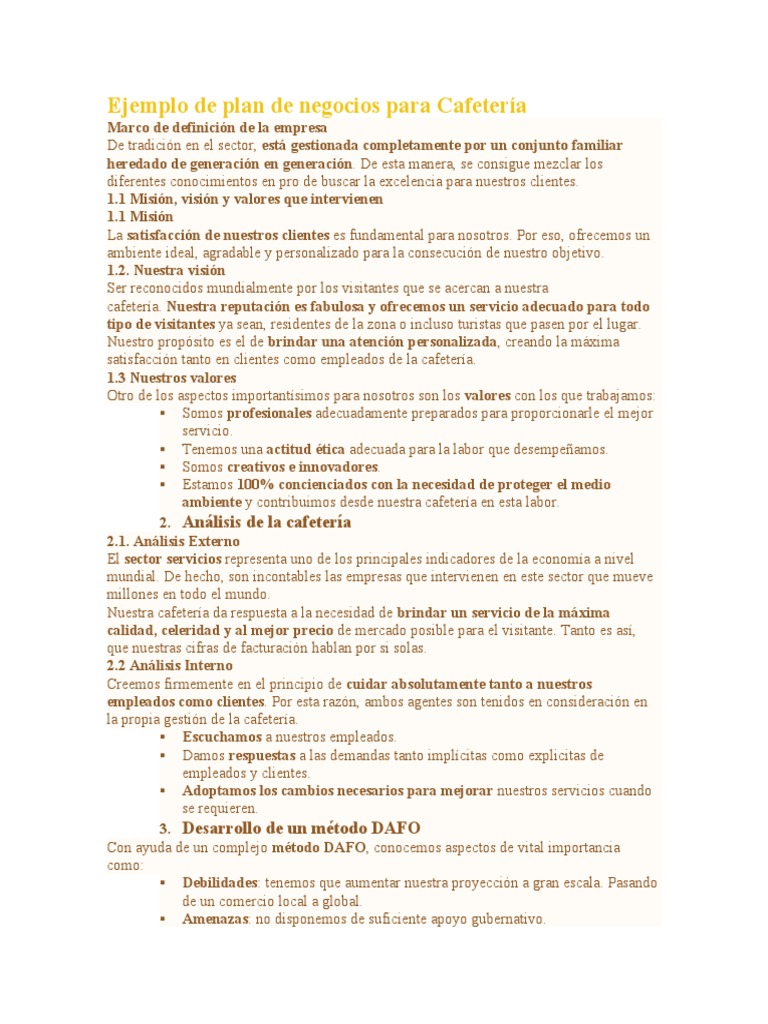 Ejemplo de Plan de Negocios para Cafetería | PDF | Análisis FODA ...