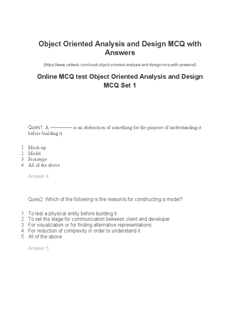 Online MCQ Test Object Oriented Analysis and Design MCQ Set 1 | PDF ...