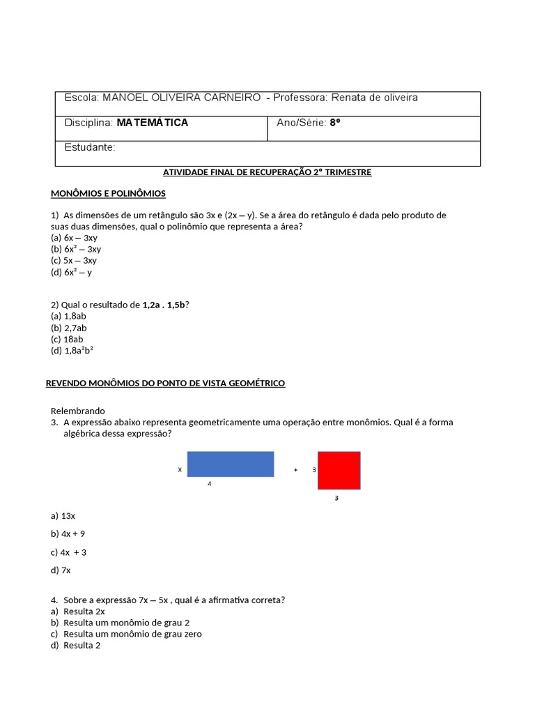 Atividade de Matemática: Monômios e Polinômios | PDF | Ciências e ...
