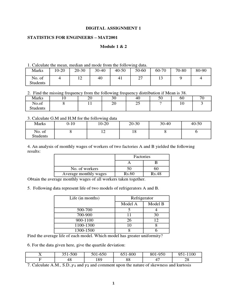 Digital Assignment 1 Statistics For Engineers - Mat2001 Module 1 & 2 ...