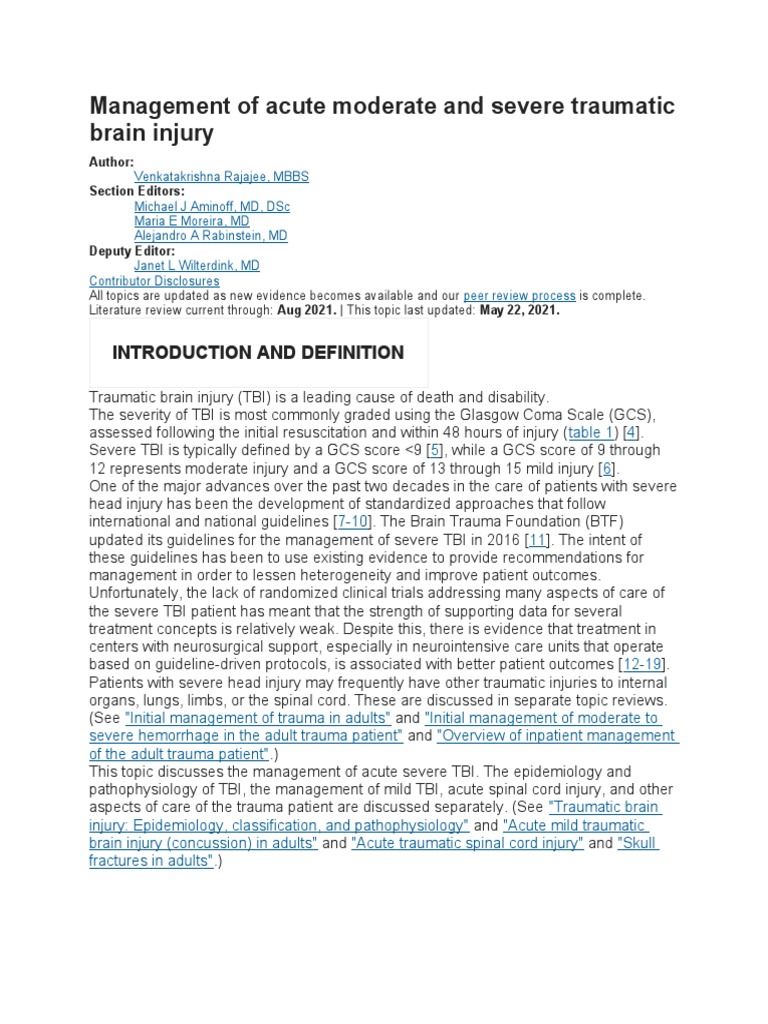 Management of Acute Moderate and Severe Traumatic Brain Injury | PDF ...