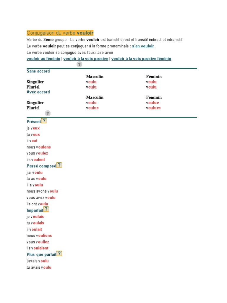 Conjuguer Vouloir Au Passé Simple Vou Loir | PDF | Verbe | Mécanique du langage