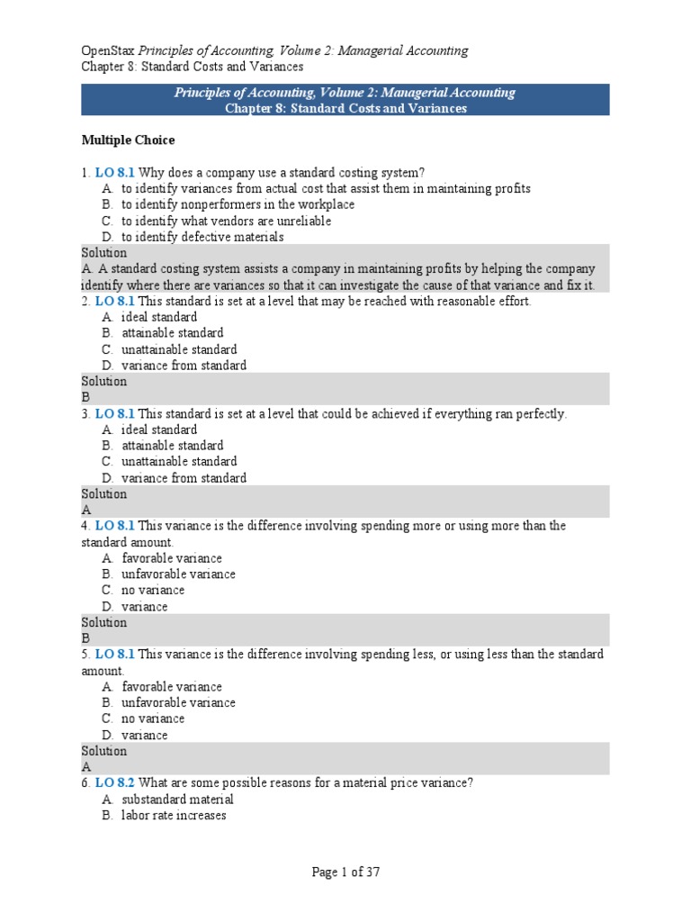 Multiple Choice: Principles of Accounting, Volume 2: Managerial ...