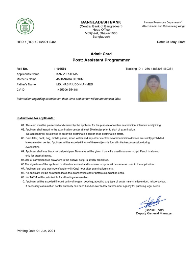 Assistant Programmer Exam Admit Card | PDF