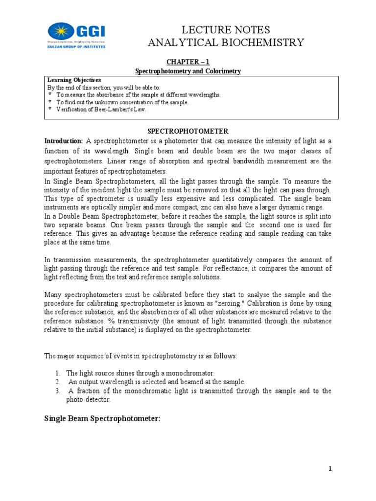 Lecture Notes Analytical Biochemistry Chapter 1 Spectrophotometry