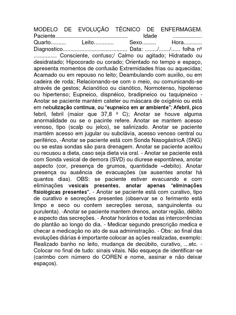 3 - Modelo de Evolução Técnico de Enfermagem | PDF