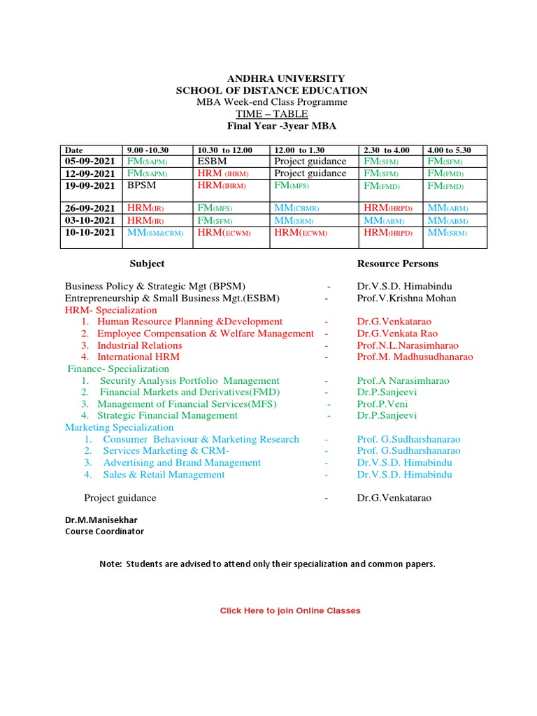 Time Table 3year Mba-Final Year | PDF | Human Resource Management ...