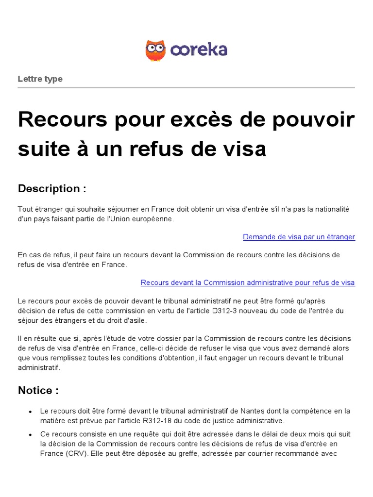 Ooreka Recours Pour Exces de Pouvoir Suite A Refus de Visa | PDF | Visa  (Document) | Justice