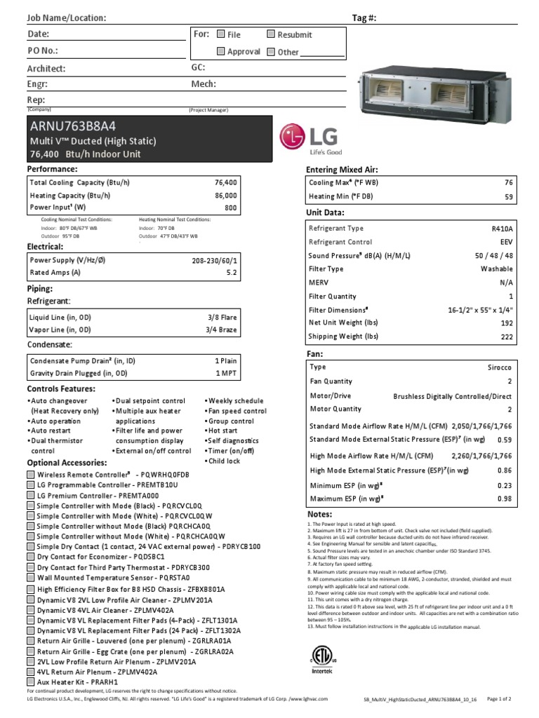 Submittal High Static Ducted ARNU763B8A4 PDF Manufactured Goods