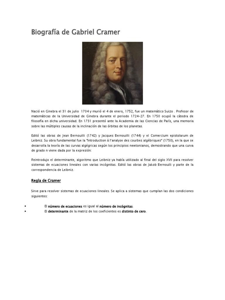 Biografía de Gabriel Cramer PDF Álgebra Matemáticas