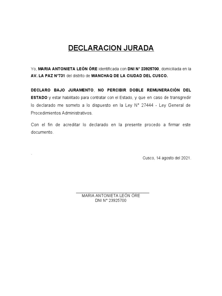Modelo Declaraciã - N Jurada No Percibir Doble Remuneraciã - N Del ...
