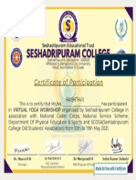 Certificate For RAKSHITHA N For "SESHADRIPURAM COLLEGE"