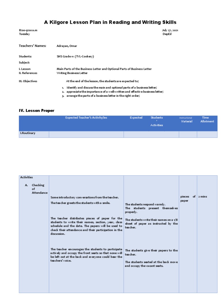 A Kilgore Lesson Plan in Reading and Writing Skills PDF Teachers