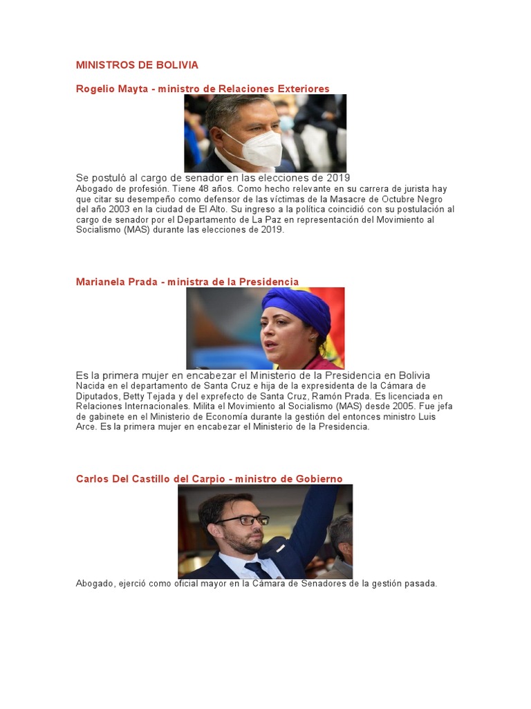 Ministros de Bolivia PDF Bolivia Gobierno
