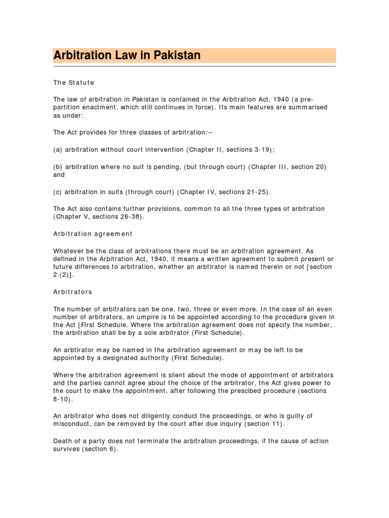 Overview of Pakistan's Arbitration Act 1940 | PDF | Arbitration ...
