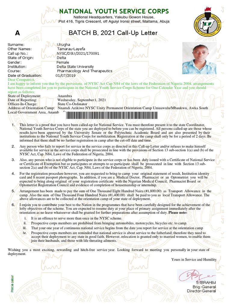 National Youth Service Corps: BATCH B, 2021 Call-Up Letter | Download ...