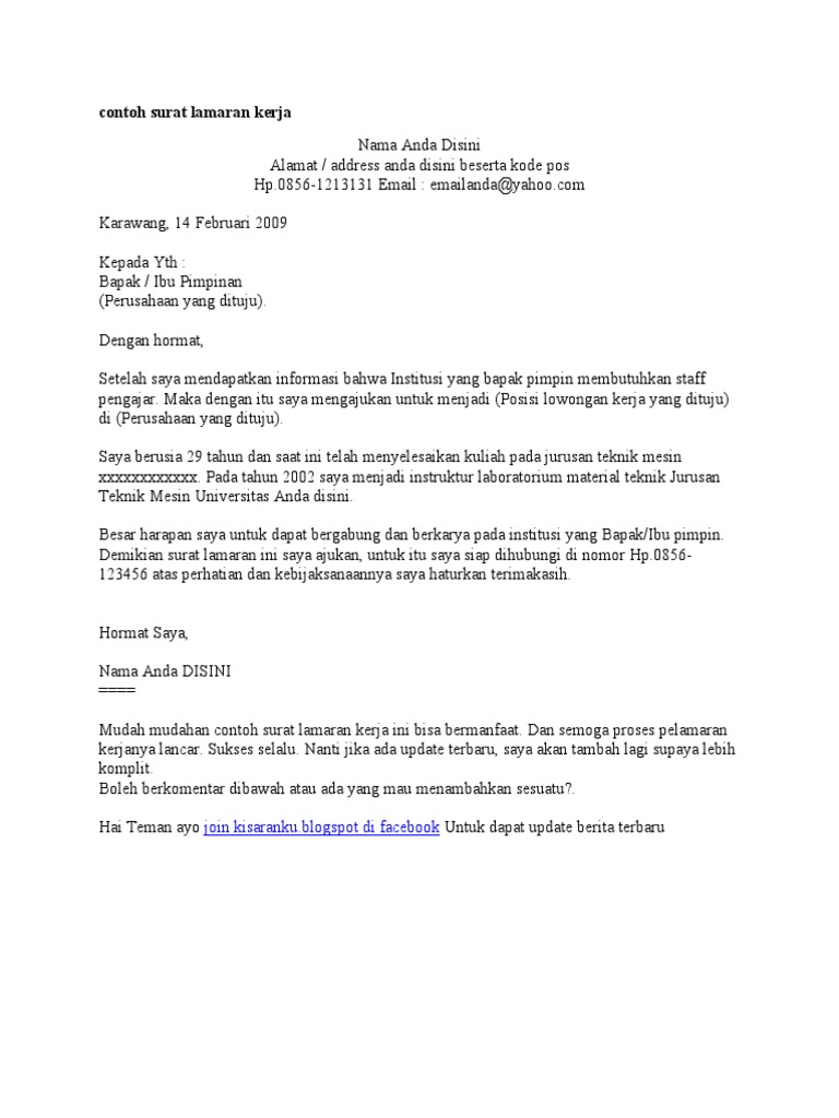 contoh surat lamaran kerja