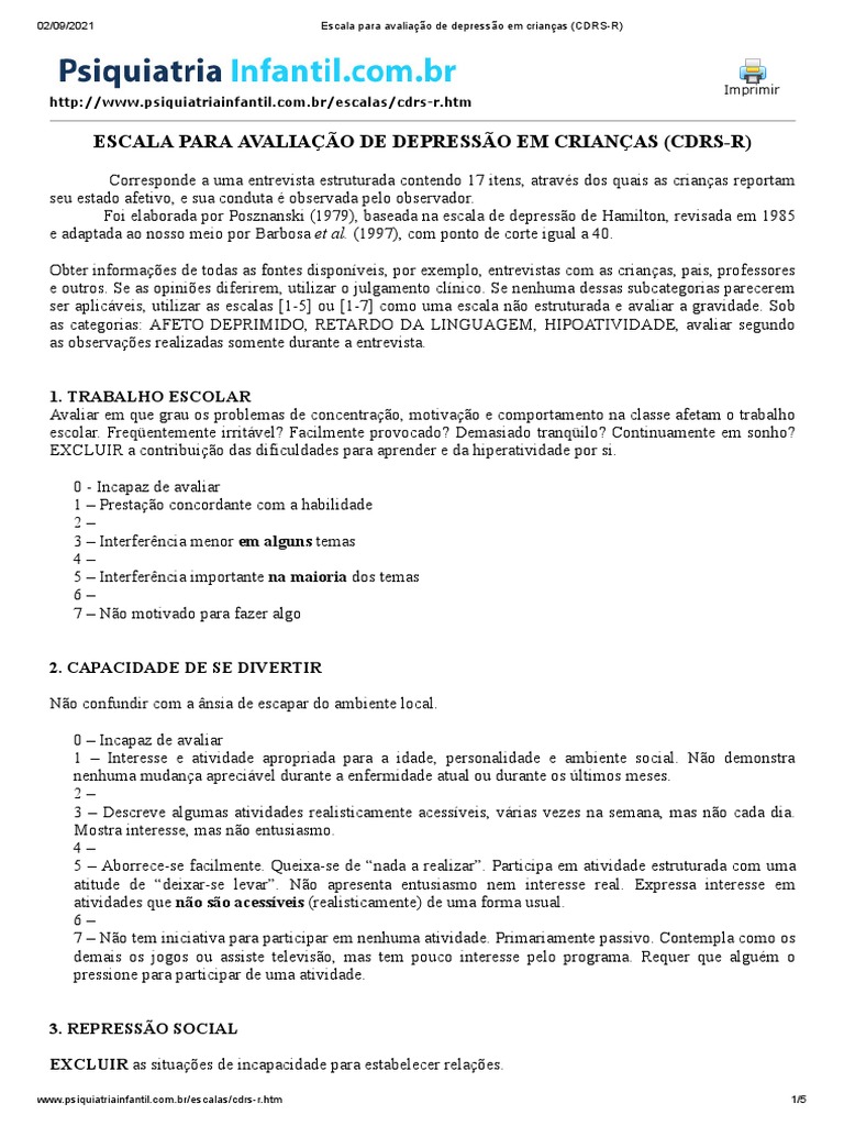 Avaliação da Depressão Infantil (CDRS-R) | PDF | Suicídio | Depressão