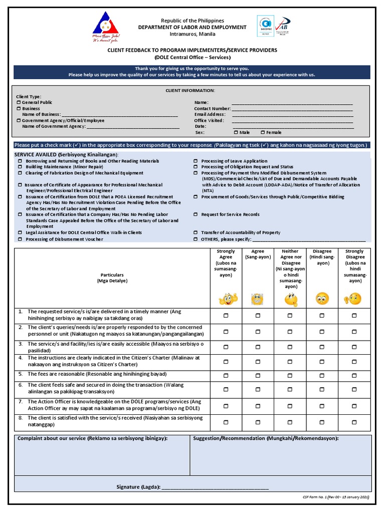 CSF Form No. 1 DOLE Central Office PDF Employment Business